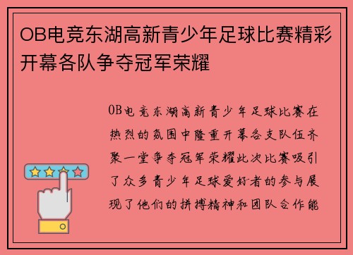 OB电竞东湖高新青少年足球比赛精彩开幕各队争夺冠军荣耀